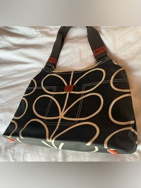 Orla Kiely Black Shoulder Bag with Cream Stem Print and Brown Trim
